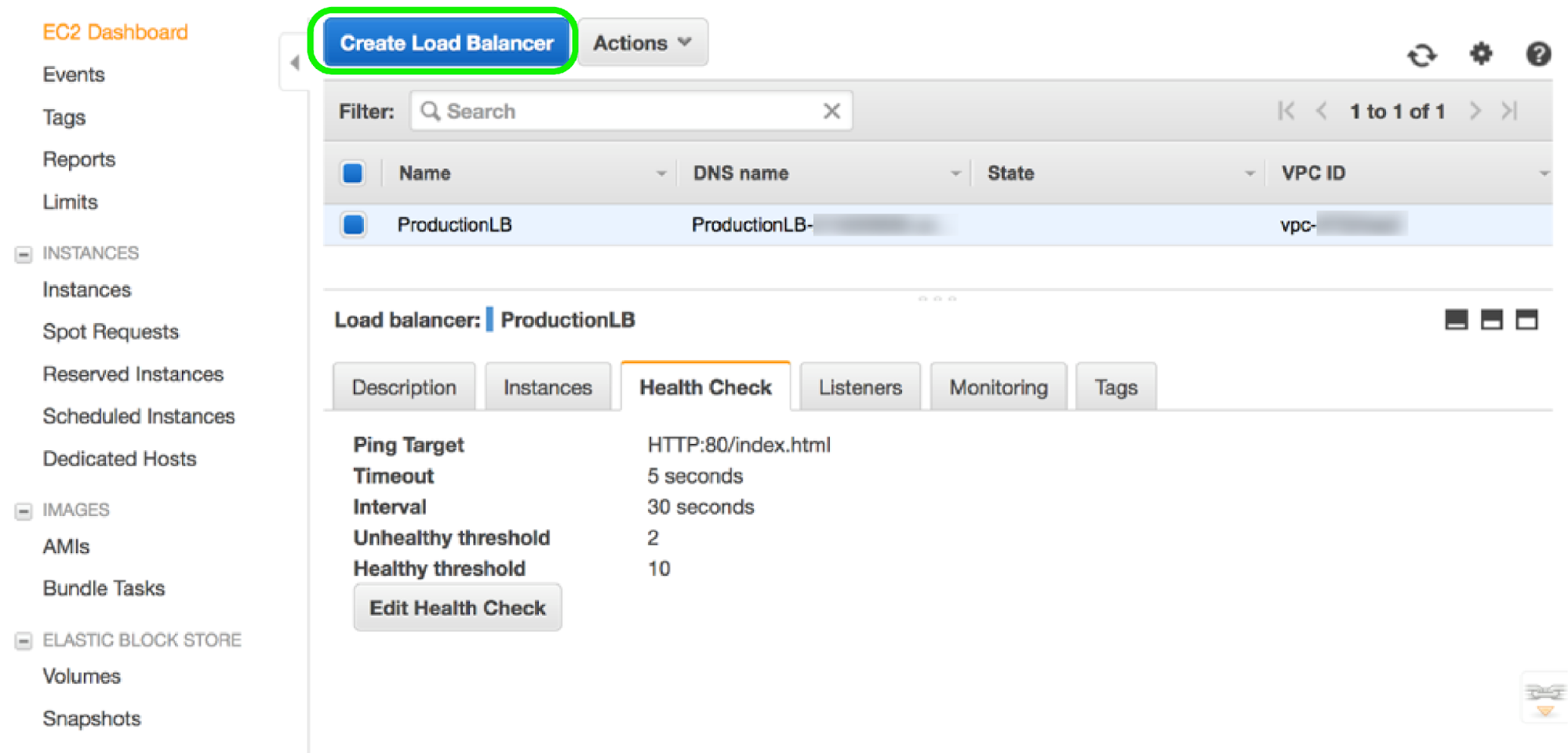 AWS EC2 Dashboard - Create Load Balancer