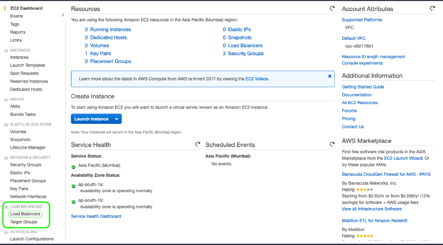 AWS EC2 Dashboard - Load Balancers