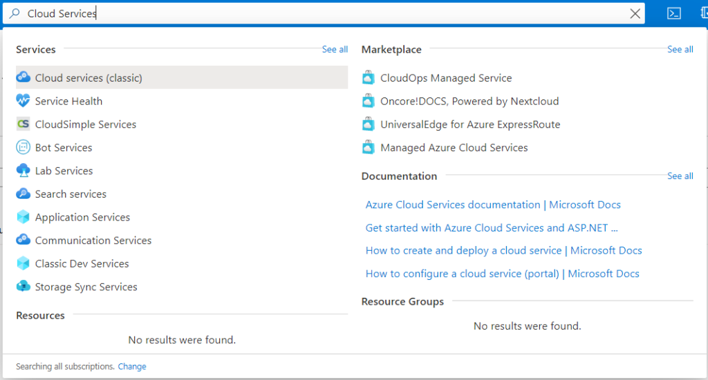 Creating a Cloud Service for Your Application - Azure Portals Search Bar