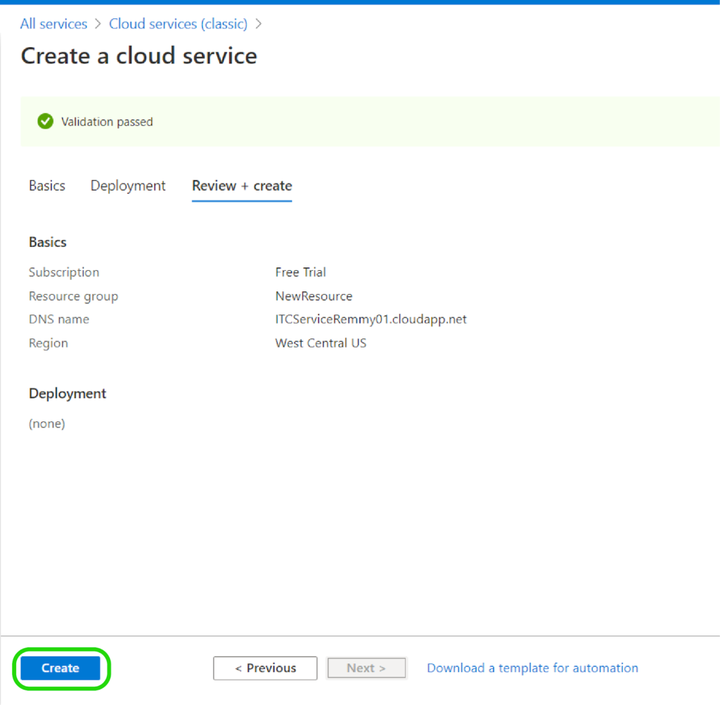 Creating a Cloud Service for Your Application - Review Create