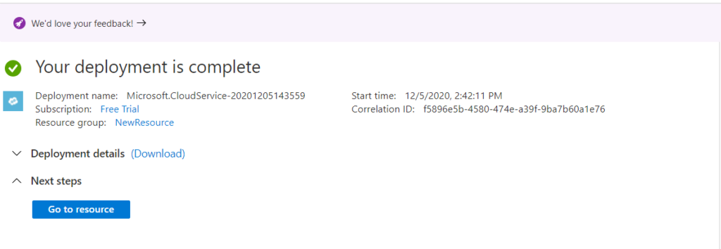 Creating a Cloud Service for Your Application - Deployment complete