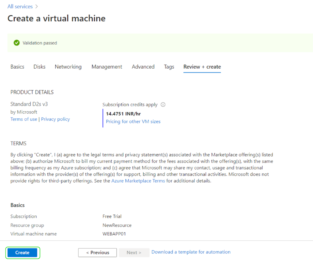 Creating an Azure Virtual Machine - Creating Virtual Machine Page