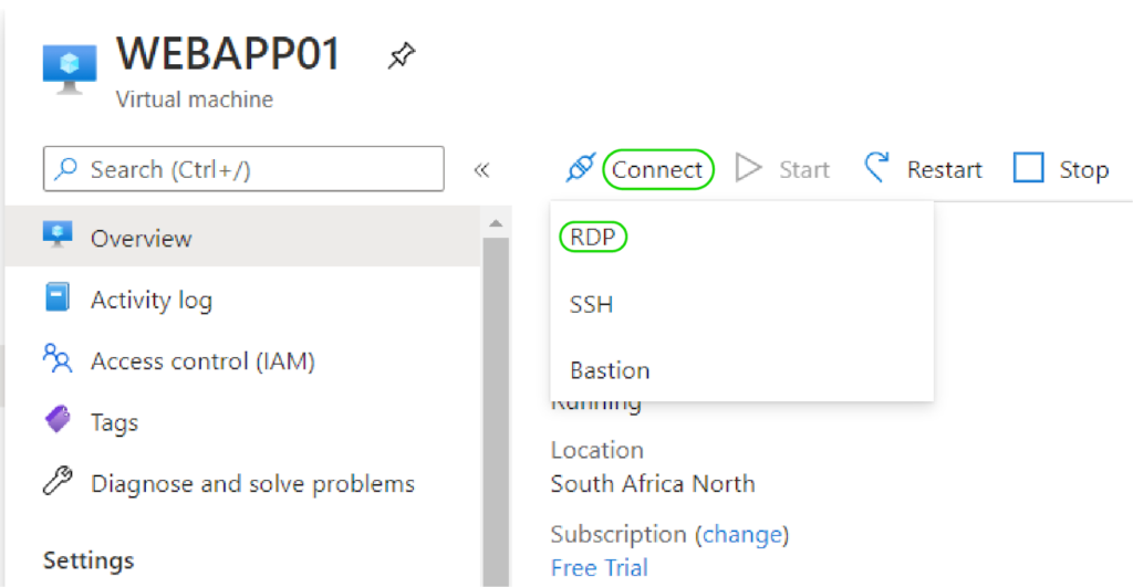 Opening Ports and Configuring Azure App Service - Virtual Machine Connect Page