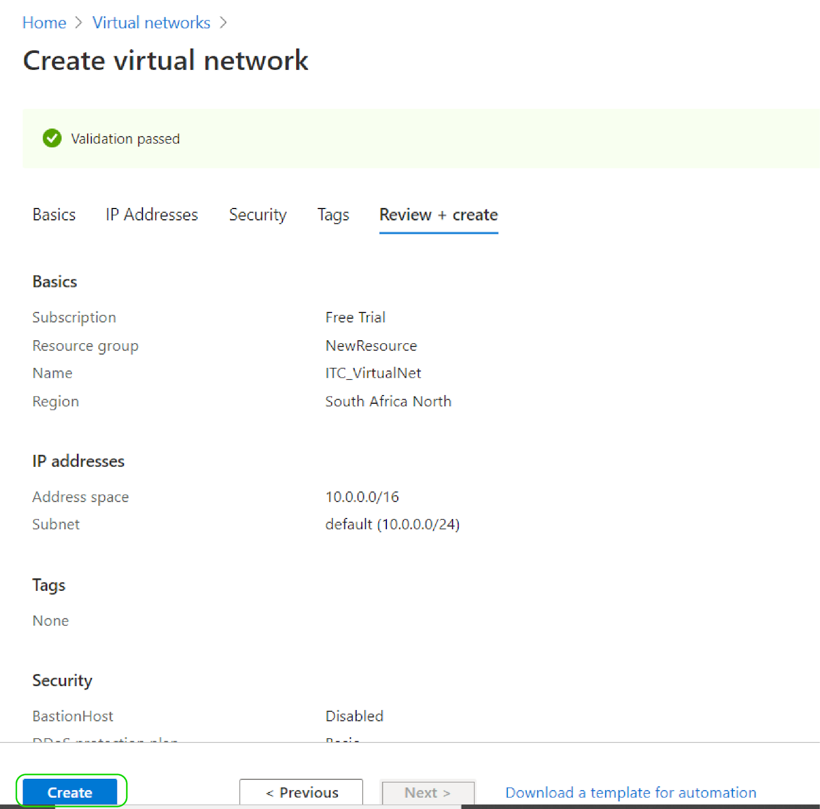 Creating a Virtual Network for Your Objects - Review + Create