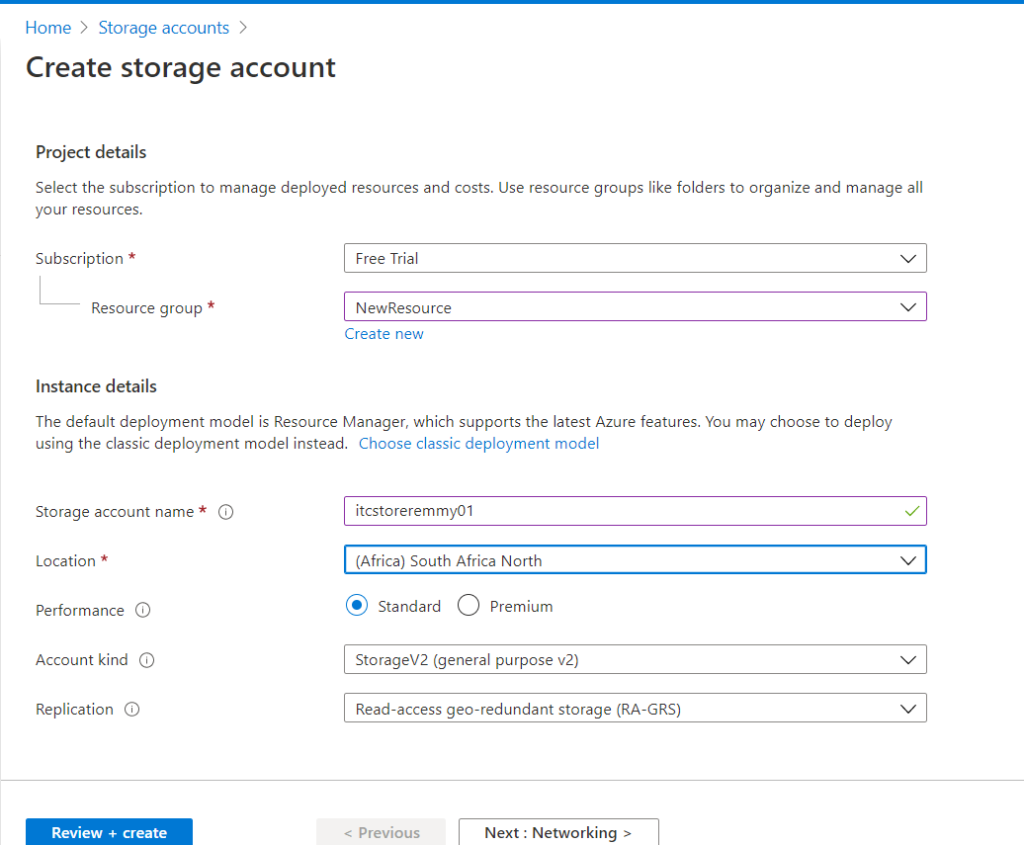 Creating a Storage Account- Create Storage Account page