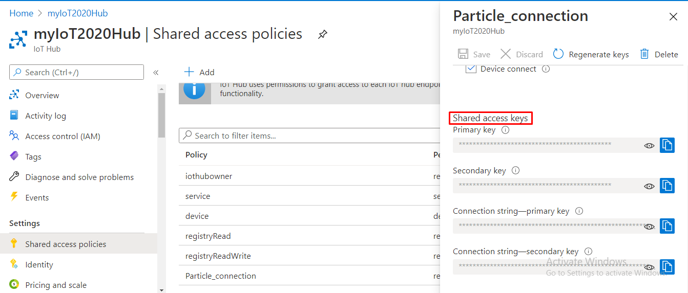 Pre-configuration in Azure IoT Hub - Add a shared access policy
