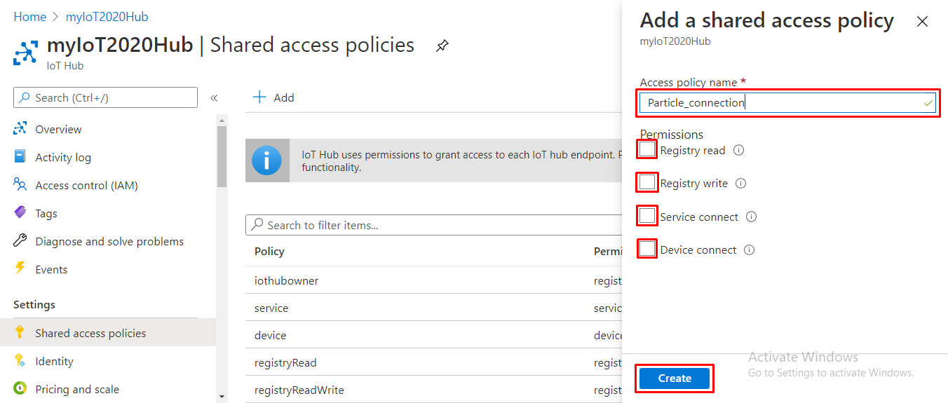 Pre-configuration in Azure IoT Hub - Add a shared access policy