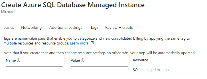 Azure SQL Managed Instance - Tags-create