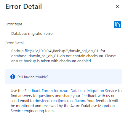 Disabled checksum during the creation of database backups