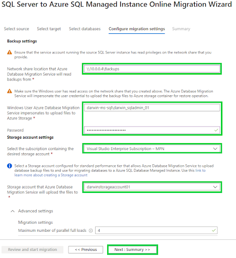 Online database migration activity - Configure migration settings