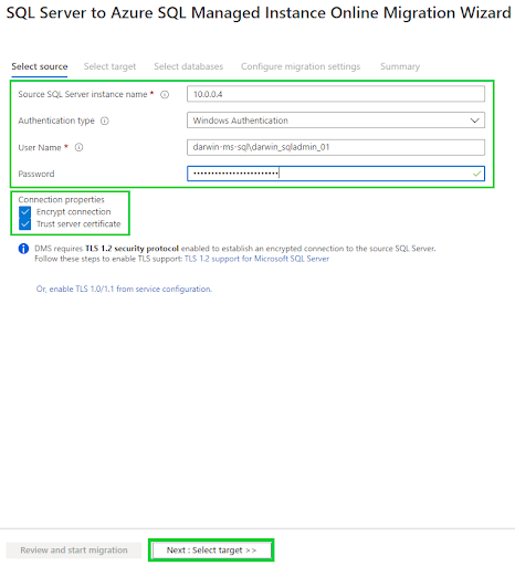 Online database migration activity - Connection properties