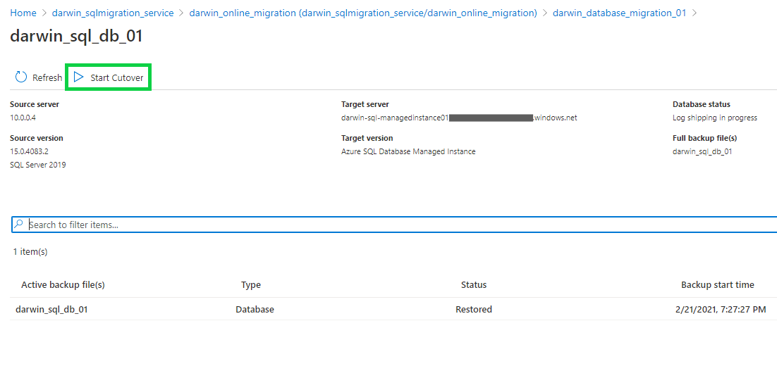 Online database migration activity - start cutover