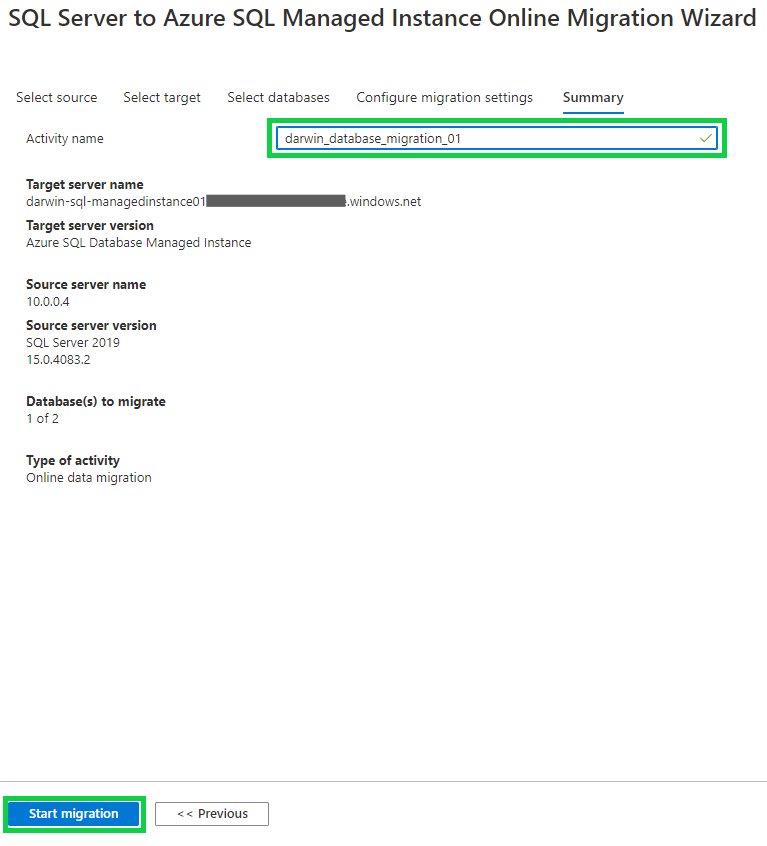 Online database migration activity - summary