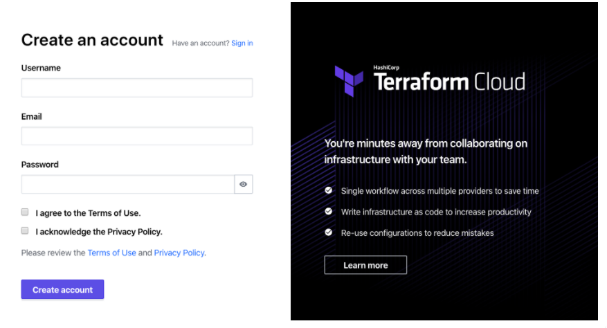 Create an account in Terraform cloud