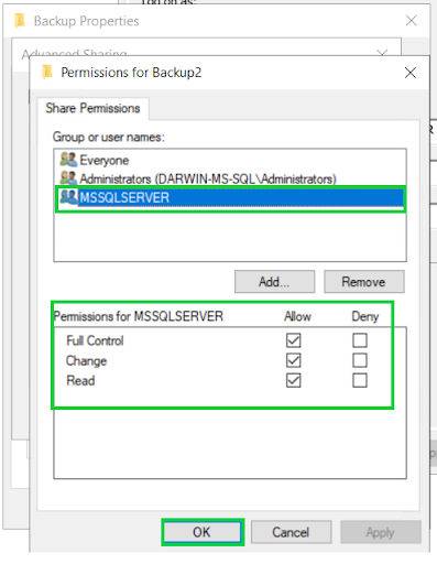 The data migration and on-prem Microsoft SQL Server service account cannot access the shared backups folder 2.png