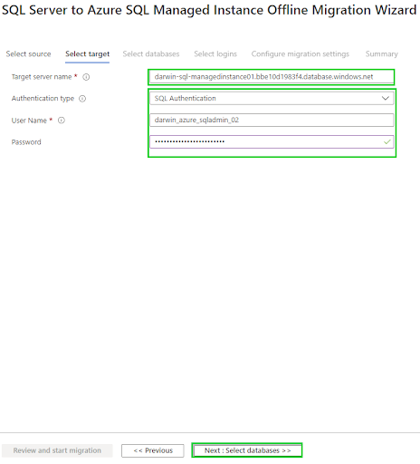 offline database migration select target