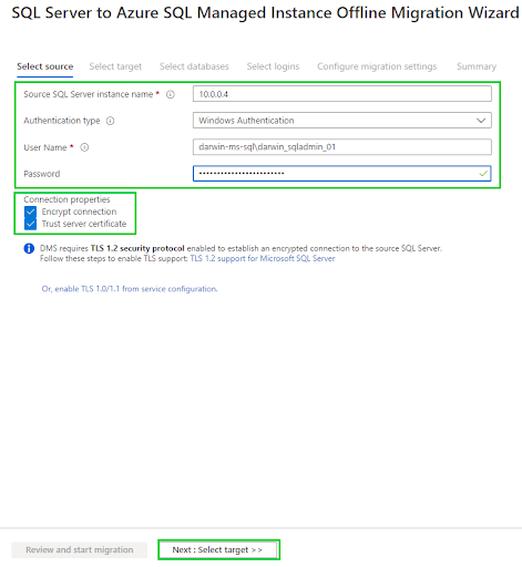 offline database migration - connection properties