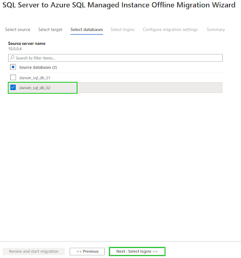 offline database migration - select database