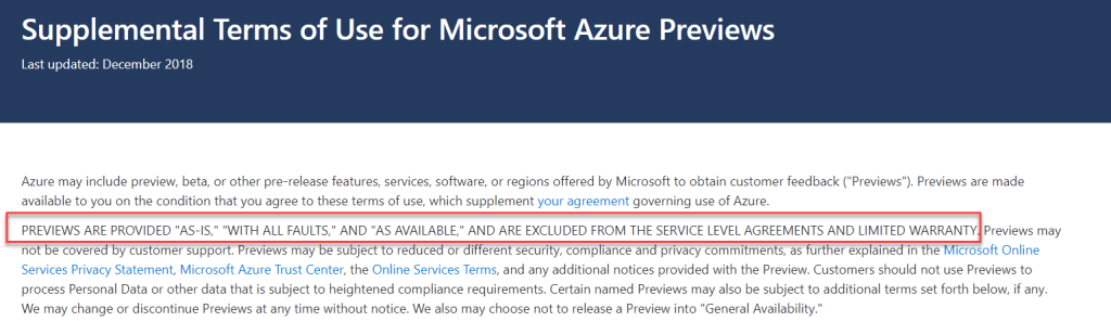 Public Preview excluded from SLA in Microsoft Azure