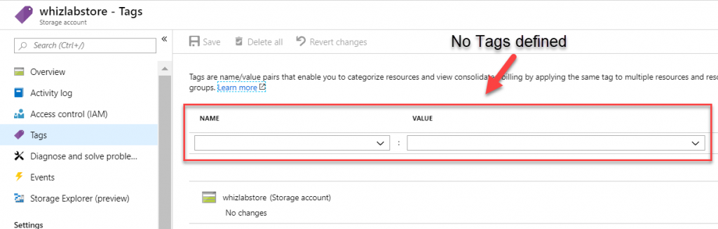 Resources in the Resource group has no tags defined