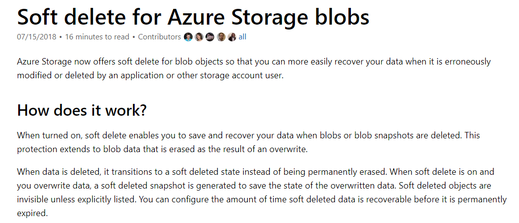 Soft delete Azure storage blobs