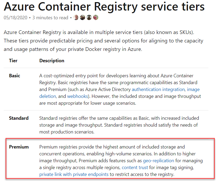 microsoft azure container registry service tiers