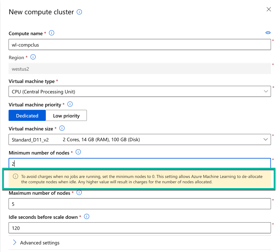 Azure Machine Learning New compute cluster