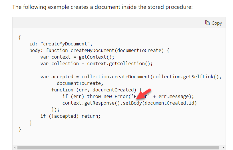 Create document inside stored procedure in Azure