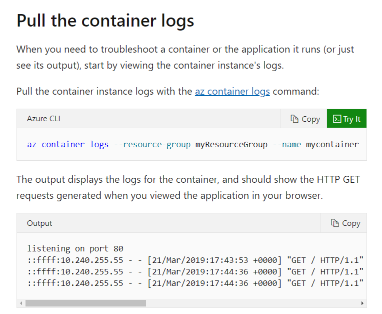 Pull the container logs in Azure 