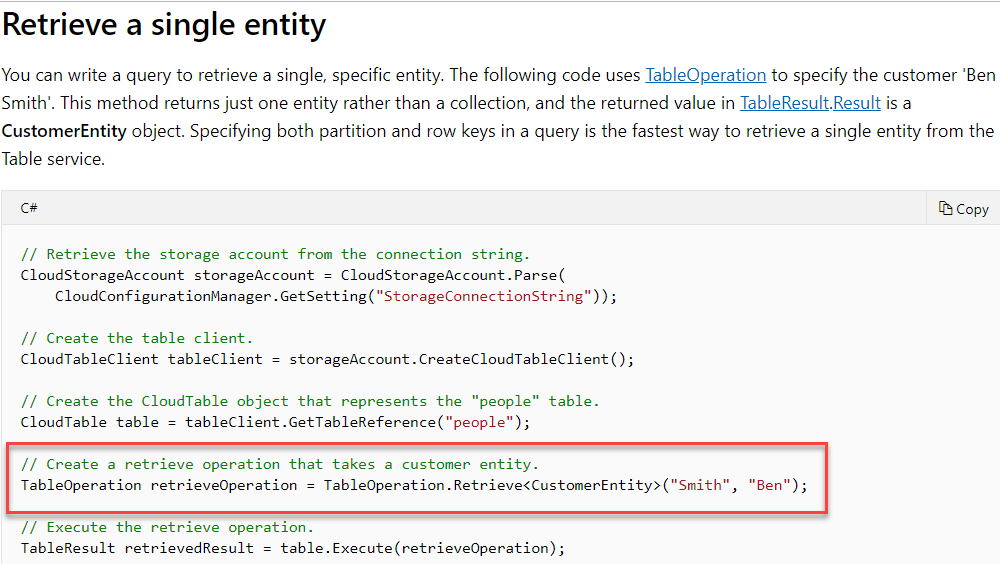 Azure - Retrieve a single entity