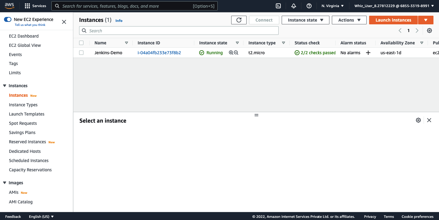 AWS ec2 dashboard running