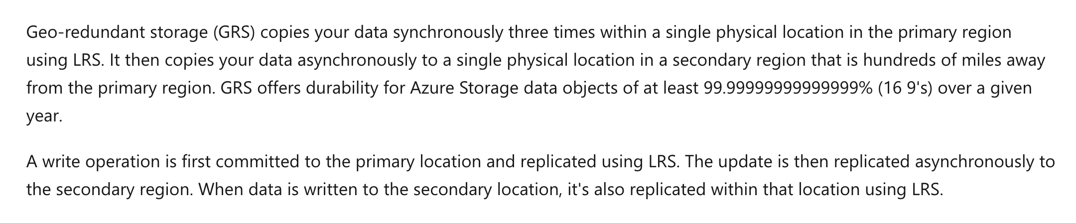 Geo redundant storage