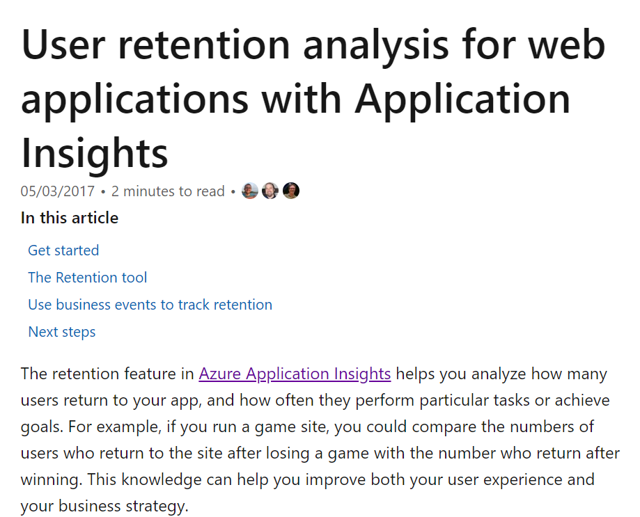 Azure user retention analysis for web applications