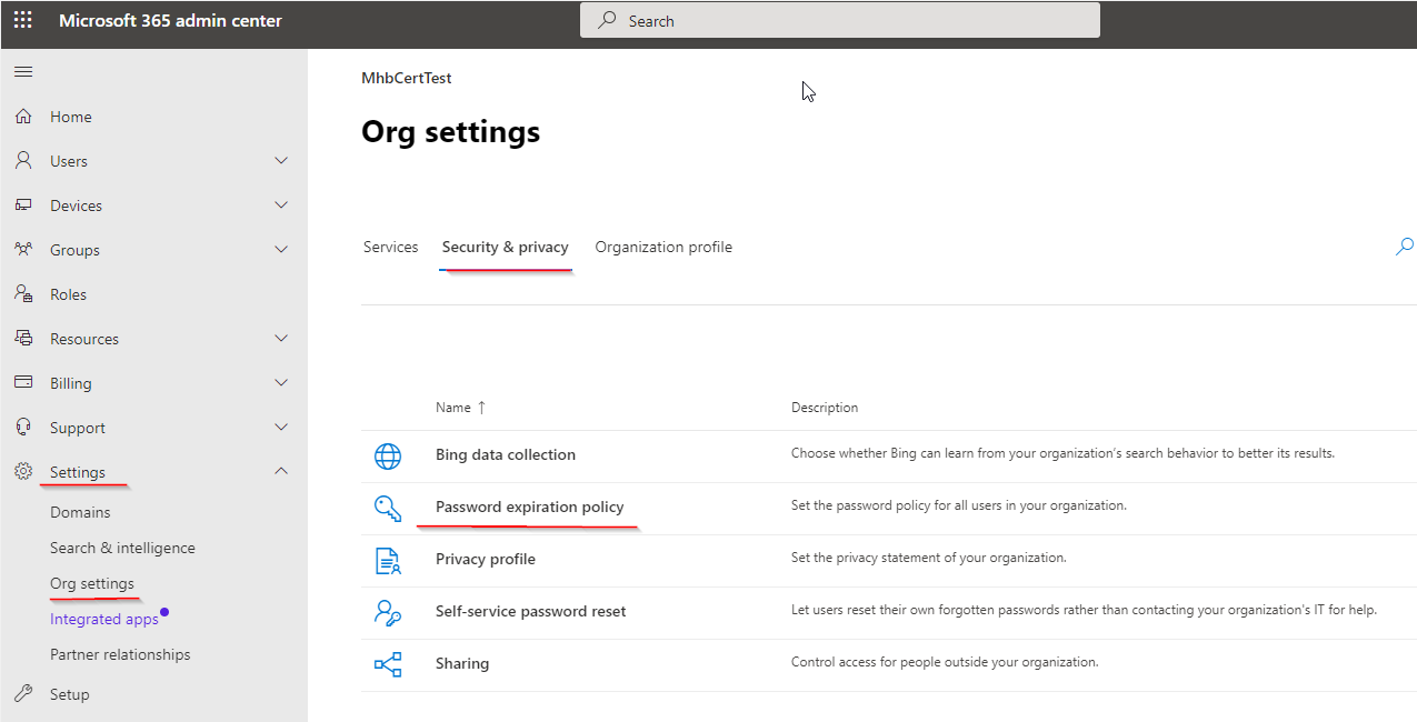 Microsoft 365 Org settings