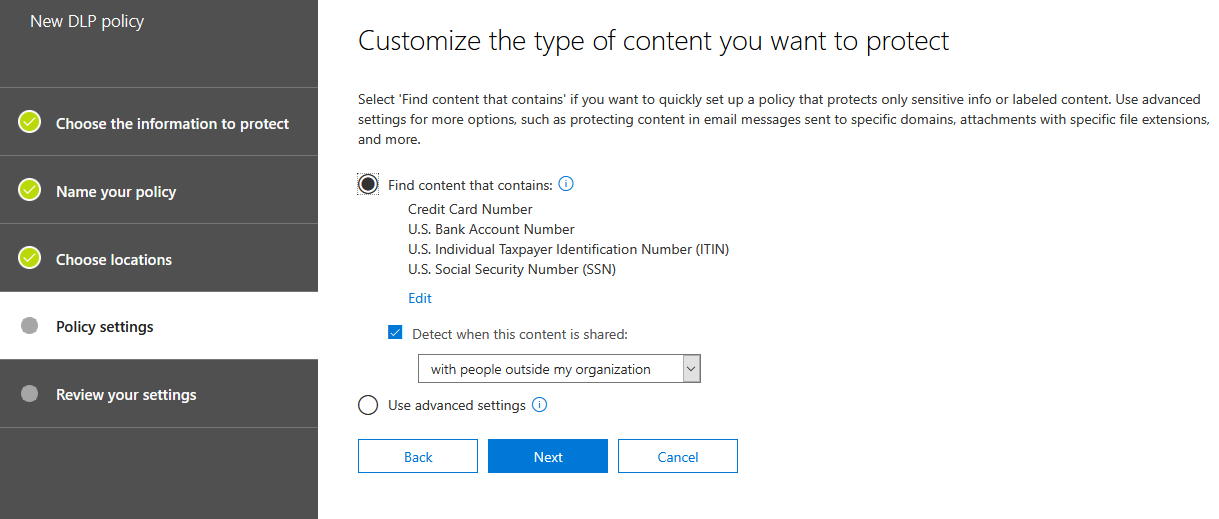 Customize Content in New DLP Policy