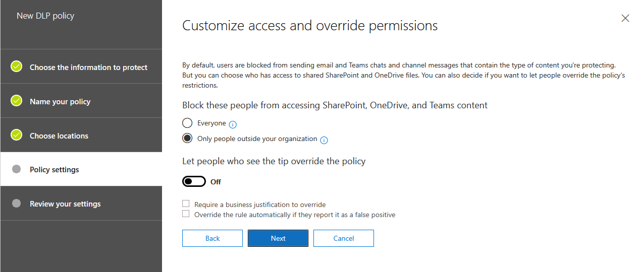 Customize Access and Override permissions in New DLP Policy
