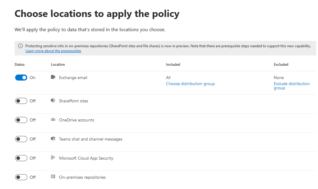 Choose locations to apply DLP Policy in Microsoft 365