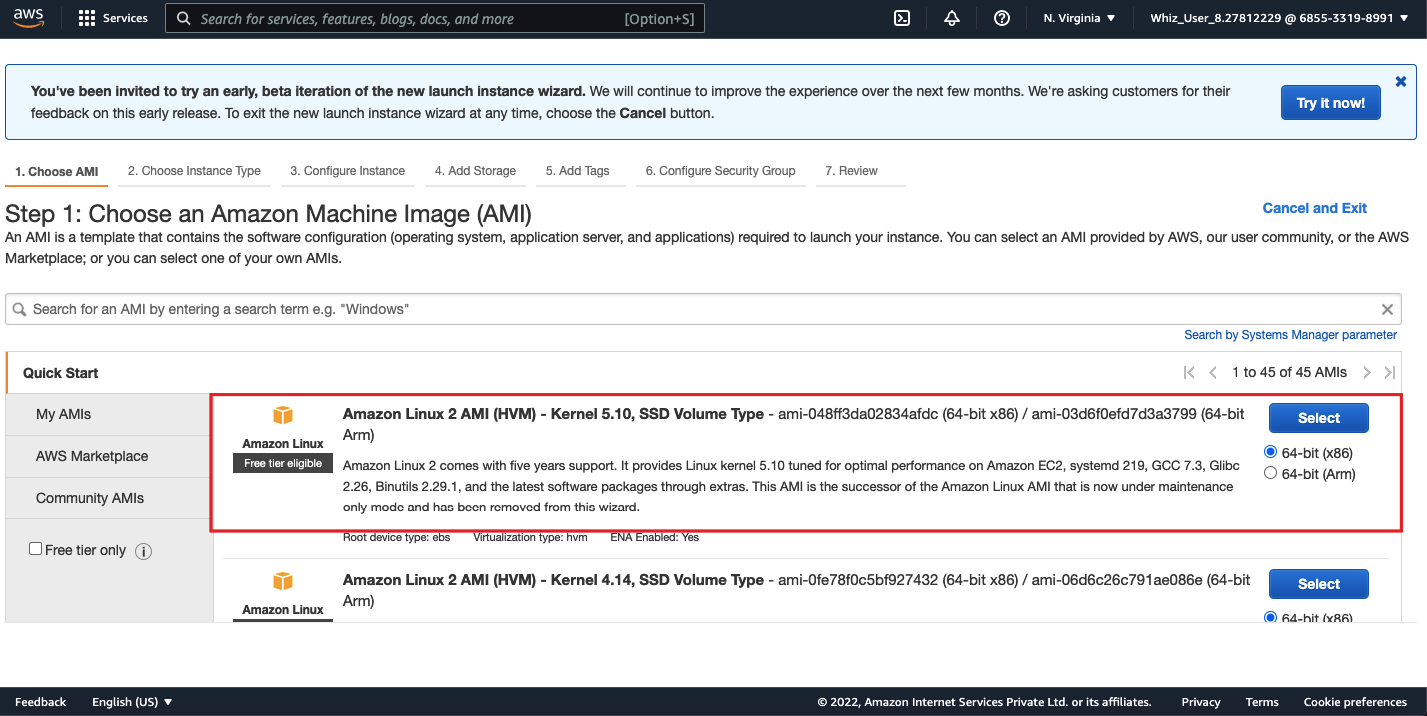 select ami aws console