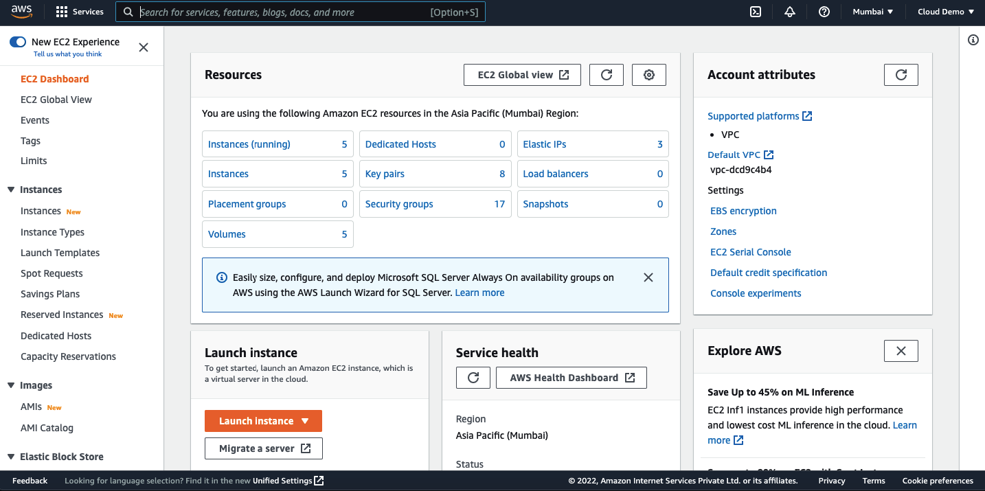 AWS EC2 dashboard