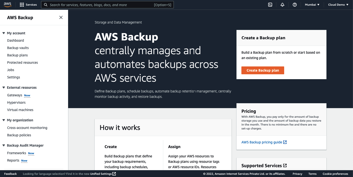 AWS backup dashboard