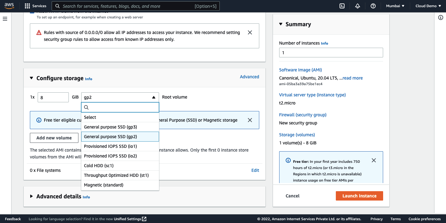 AWS configure storage