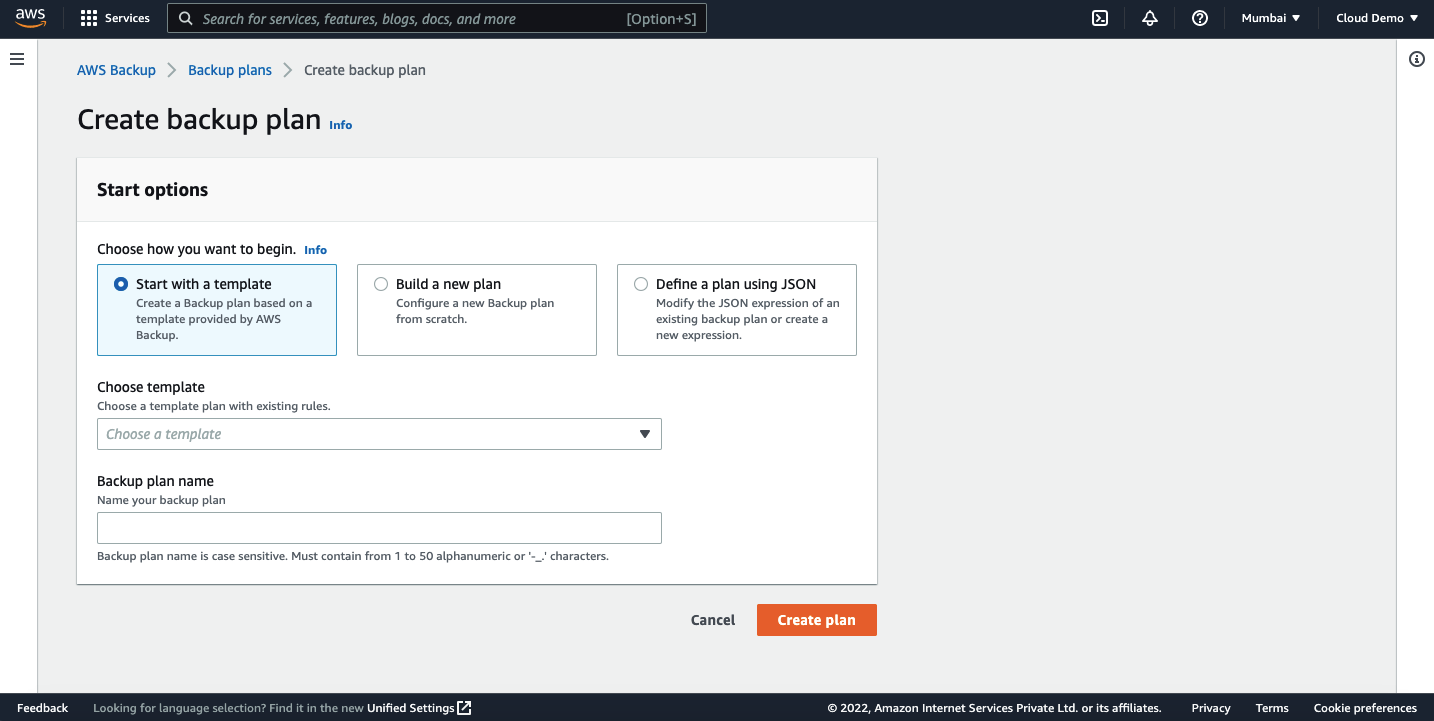 AWS create backup form