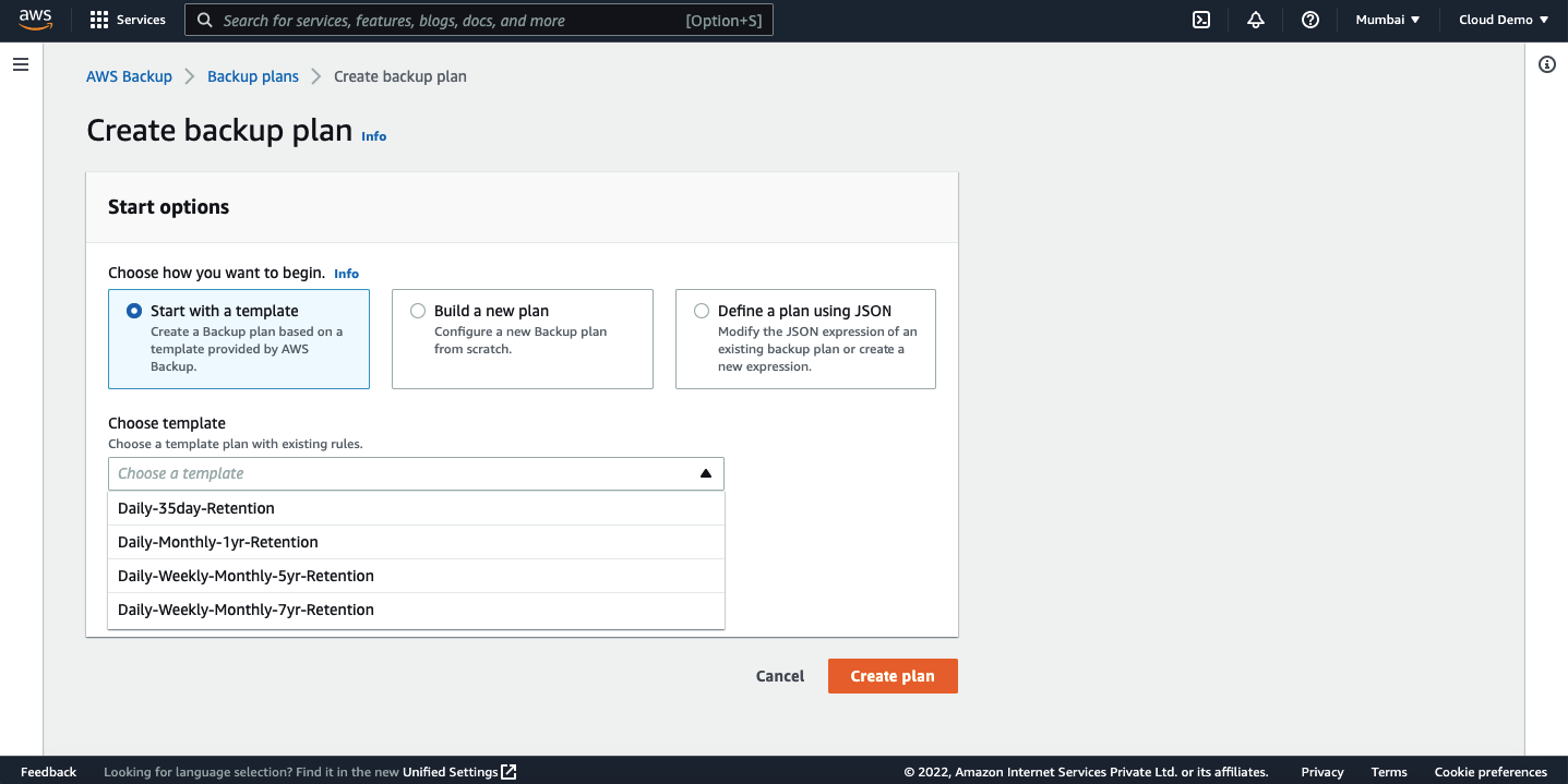 AWS create backup template