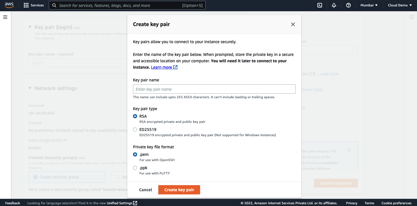 AWS create key pair