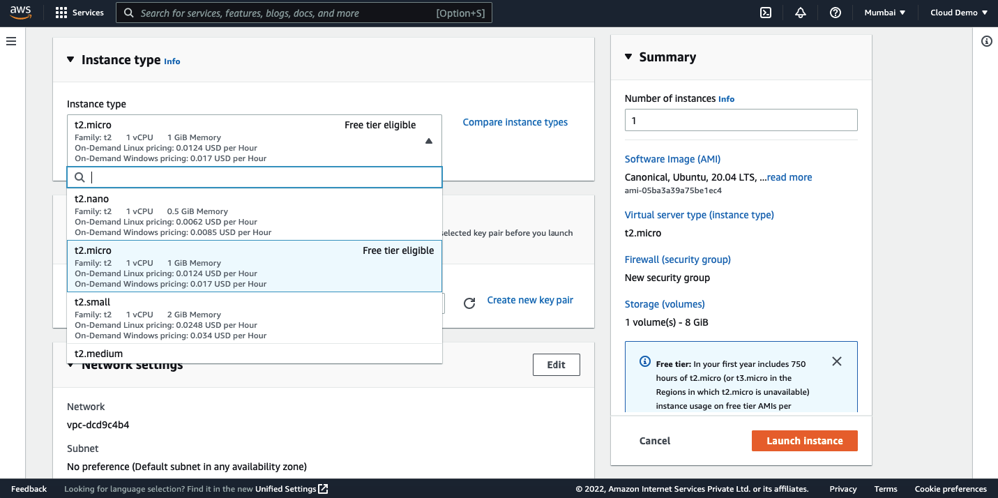 AWS select instance type