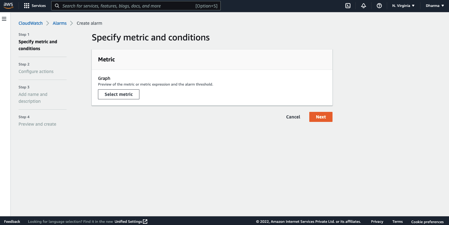 select metric in AWS