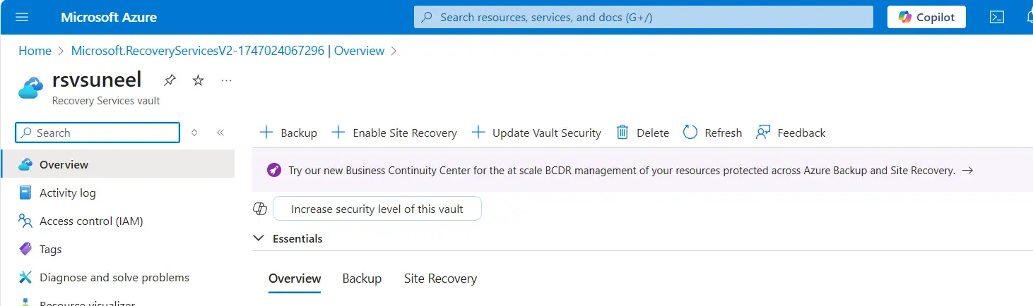 open recovery services vault
