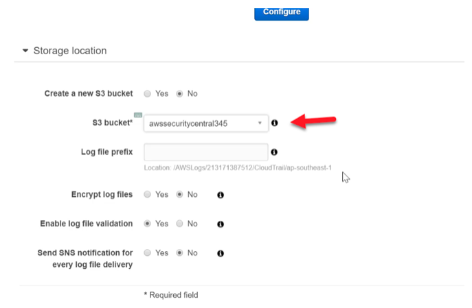 enter s3 bucket in cloudtrail